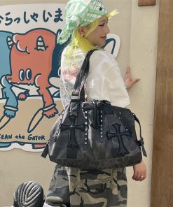 Large Capacity Gothic Motorcycle Crossbody Tote Bag - Y2K Wasteland Style Commuter Bag for Trendy Fashionistas