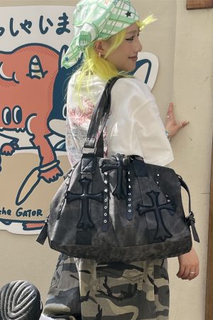 Large Capacity Gothic Motorcycle Crossbody Tote Bag - Y2K Wasteland Style Commuter Bag for Trendy Fashionistas