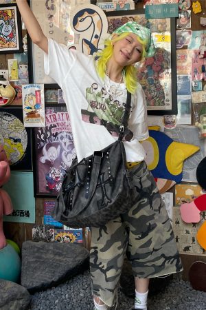Large Capacity Gothic Motorcycle Crossbody Tote Bag - Y2K Wasteland Style Commuter Bag for Trendy Fashionistas
