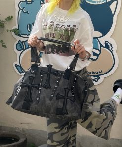 Large Capacity Gothic Motorcycle Crossbody Tote Bag - Y2K Wasteland Style Commuter Bag for Trendy Fashionistas