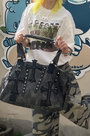 Large Capacity Gothic Motorcycle Crossbody Tote Bag - Y2K Wasteland Style Commuter Bag for Trendy Fashionistas