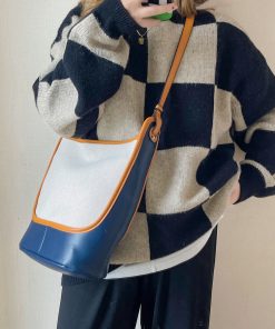 Large Capacity Retro Color-Blocking Bucket Bag - 2025 Summer Shoulder Crossbody Canvas Bag for Women