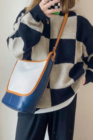 Large Capacity Retro Color-Blocking Bucket Bag - 2025 Summer Shoulder Crossbody Canvas Bag for Women