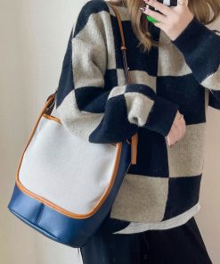 Large Capacity Retro Color-Blocking Bucket Bag - 2025 Summer Shoulder Crossbody Canvas Bag for Women