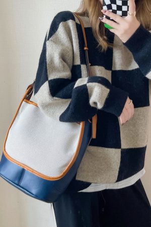 Large Capacity Retro Color-Blocking Bucket Bag - 2025 Summer Shoulder Crossbody Canvas Bag for Women