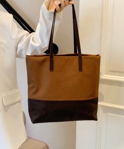 Large Capacity Retro Color-Blocking Suede Tote Bag for Women - Stylish Spring Summer Shoulder Bag for Commuting