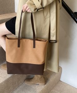 Large Capacity Retro Color-Blocking Suede Tote Bag for Women - Stylish Spring Summer Shoulder Bag for Commuting