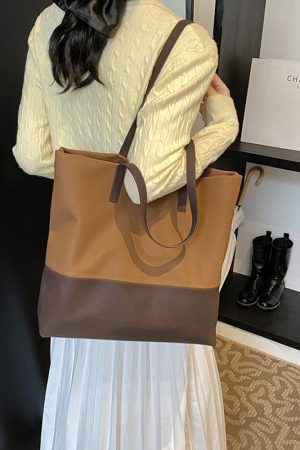 Large Capacity Retro Color-Blocking Suede Tote Bag for Women - Stylish Spring Summer Shoulder Bag for Commuting