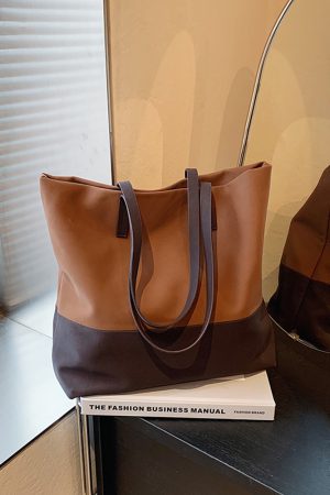 Large Capacity Retro Color-Blocking Suede Tote Bag for Women - Stylish Spring Summer Shoulder Bag for Commuting