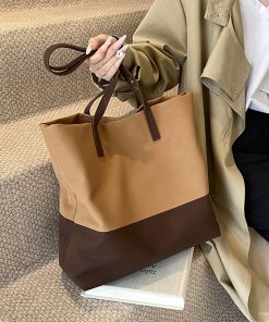 Large Capacity Retro Color-Blocking Suede Tote Bag for Women - Stylish Spring Summer Shoulder Bag for Commuting