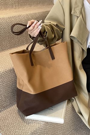 Large Capacity Retro Color-Blocking Suede Tote Bag for Women - Stylish Spring Summer Shoulder Bag for Commuting