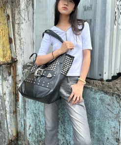 Large Capacity Soft Leather Y2K Star Tote Bag - Gothic Motorcycle Shoulder Bag for Commuters and Niche Fashion