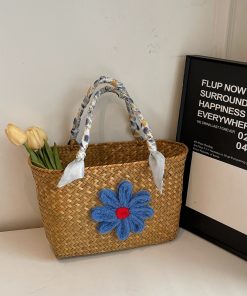 Large Capacity Woven Straw Tote Bag for Women with Bamboo Handle - Stylish Beach Shopping Basket for Summer 2025