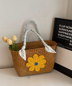 Large Capacity Woven Straw Tote Bag for Women with Bamboo Handle - Stylish Beach Shopping Basket for Summer 2025