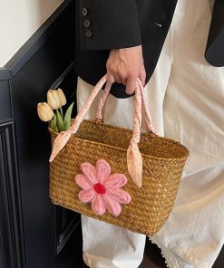 Large Capacity Woven Straw Tote Bag for Women with Bamboo Handle - Stylish Beach Shopping Basket for Summer 2025
