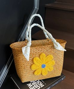Large Capacity Woven Straw Tote Bag for Women with Bamboo Handle - Stylish Beach Shopping Basket for Summer 2025