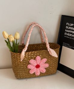 Large Capacity Woven Straw Tote Bag for Women with Bamboo Handle - Stylish Beach Shopping Basket for Summer 2025