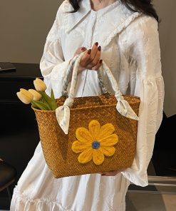 Large Capacity Woven Straw Tote Bag for Women with Bamboo Handle - Stylish Beach Shopping Basket for Summer 2025