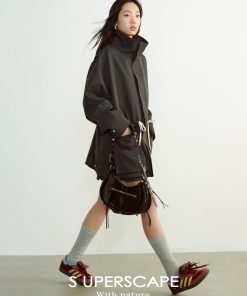 Large Silhouette Structured Stand Collar Long Sleeve Drawstring Workwear Coat with Big Pockets - Casual Street Style Outerwear