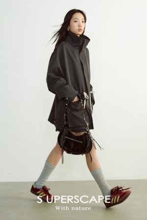 Large Silhouette Structured Stand Collar Long Sleeve Drawstring Workwear Coat with Big Pockets - Casual Street Style Outerwear