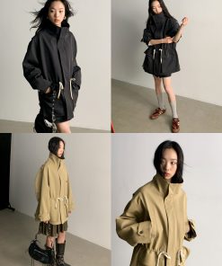 Large Silhouette Structured Stand Collar Long Sleeve Drawstring Workwear Coat with Big Pockets - Casual Street Style Outerwear