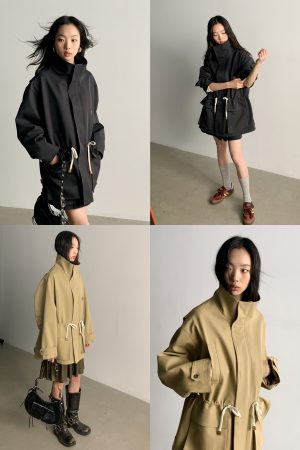 Large Silhouette Structured Stand Collar Long Sleeve Drawstring Workwear Coat with Big Pockets - Casual Street Style Outerwear
