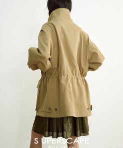 Large Silhouette Structured Stand Collar Long Sleeve Drawstring Workwear Coat with Big Pockets - Casual Street Style Outerwear