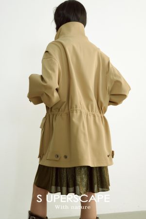 Large Silhouette Structured Stand Collar Long Sleeve Drawstring Workwear Coat with Big Pockets - Casual Street Style Outerwear