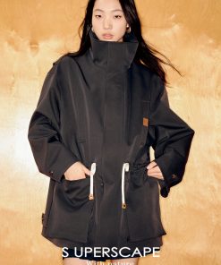 Large Silhouette Structured Stand Collar Long Sleeve Drawstring Workwear Coat with Big Pockets - Casual Street Style Outerwear