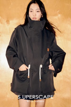 Large Silhouette Structured Stand Collar Long Sleeve Drawstring Workwear Coat with Big Pockets - Casual Street Style Outerwear