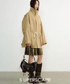 Large Silhouette Structured Stand Collar Long Sleeve Drawstring Workwear Coat with Big Pockets - Casual Street Style Outerwear