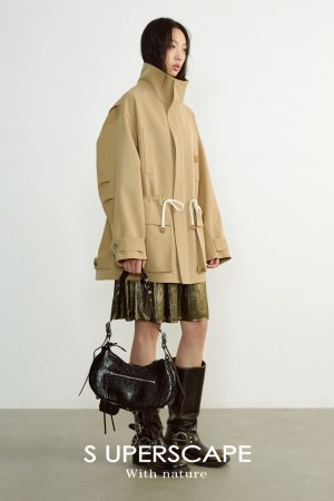 Large Silhouette Structured Stand Collar Long Sleeve Drawstring Workwear Coat with Big Pockets - Casual Street Style Outerwear