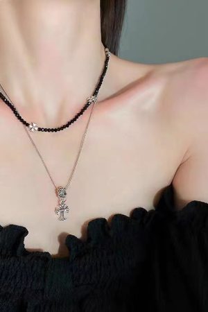 Layered Clavicle Chain Necklace with Belt Buckle and Cross Pendant - Trendy High-End Sweater Accessory for Stylish Looks