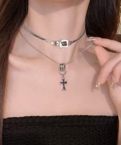 Layered Clavicle Chain Necklace with Belt Buckle and Cross Pendant - Trendy High-End Sweater Accessory for Stylish Looks