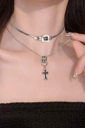 Layered Clavicle Chain Necklace with Belt Buckle and Cross Pendant - Trendy High-End Sweater Accessory for Stylish Looks