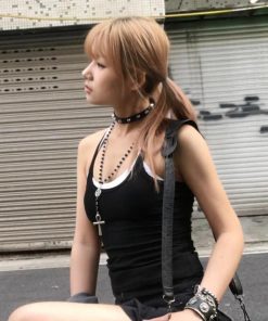 Layered Cross Long Hoodie with Necklace, Y2K Baddie Studded Choker Accessory & Star Pendant Sweater Chain