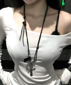 Layered Cross Long Hoodie with Necklace, Y2K Baddie Studded Choker Accessory & Star Pendant Sweater Chain