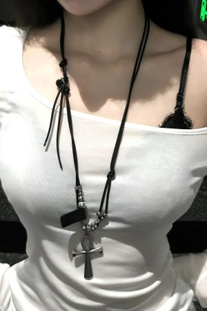 Layered Cross Long Hoodie with Necklace, Y2K Baddie Studded Choker Accessory & Star Pendant Sweater Chain