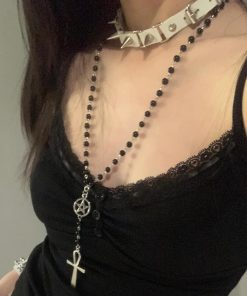 Layered Cross Long Hoodie with Necklace, Y2K Baddie Studded Choker Accessory & Star Pendant Sweater Chain