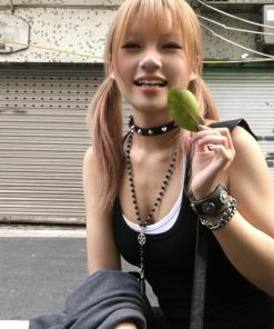 Layered Cross Long Hoodie with Necklace, Y2K Baddie Studded Choker Accessory & Star Pendant Sweater Chain