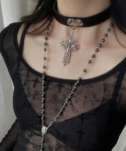 Layered Cross Long Hoodie with Necklace, Y2K Baddie Studded Choker Accessory & Star Pendant Sweater Chain
