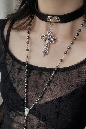 Layered Cross Long Hoodie with Necklace, Y2K Baddie Studded Choker Accessory & Star Pendant Sweater Chain