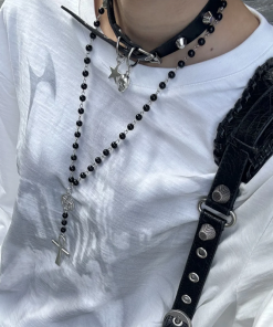 Layered Cross Long Hoodie with Necklace, Y2K Baddie Studded Choker Accessory & Star Pendant Sweater Chain