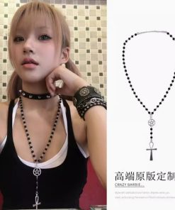 Layered Cross Long Hoodie with Necklace, Y2K Baddie Studded Choker Accessory & Star Pendant Sweater Chain