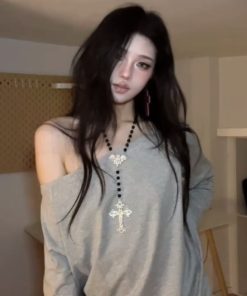 Layered Cross Long Hoodie with Necklace, Y2K Baddie Studded Choker Accessory & Star Pendant Sweater Chain