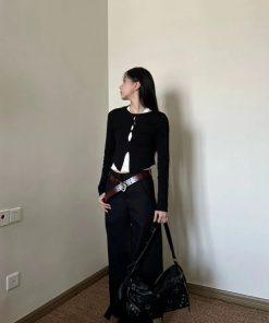 Layered Hollow Round Neck Slim Fit Long Sleeve Reversible Knitted Base Shirt for Women - Flattering Pumpkin Top, Perfect for Fall Fashion