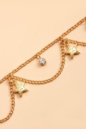 Layered Metal Star Ankle Bracelet with Rhinestone Tassels - European & American Vacation Beach Jewelry for Women