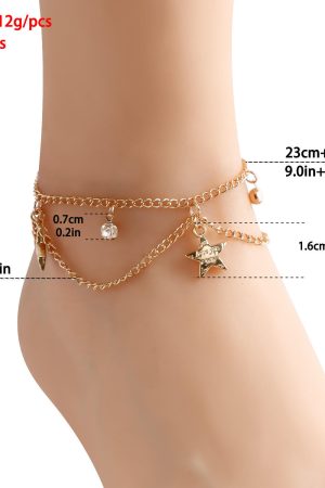 Layered Metal Star Ankle Bracelet with Rhinestone Tassels - European & American Vacation Beach Jewelry for Women