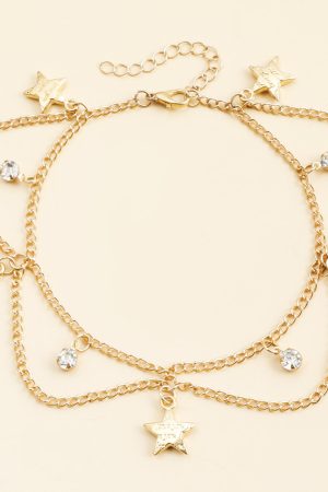 Layered Metal Star Ankle Bracelet with Rhinestone Tassels - European & American Vacation Beach Jewelry for Women