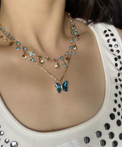Layered Summer Blue Butterfly Necklace for Women - Trendy Clavicle Choker Neck Chain for Vacation Style